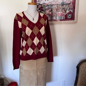 Red Argyle Cashmere V-Neck Sweater